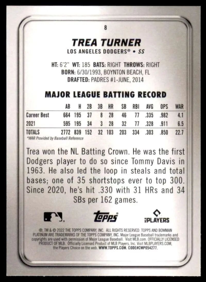 2022 Bowman Platinum #8 Trea Turner NM Near Mint Dodgers ID:66711 - Baseball Card Single