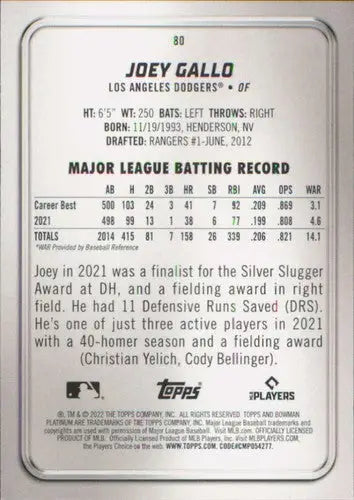 2022 Bowman Platinum #80 Joey Gallo NM-MT Dodgers ID:67800 - Baseball Card Single