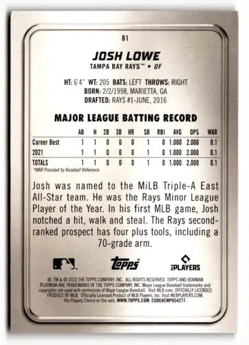 Original gloss Bowman Platinum Josh Lowe baseball card back from 2022 Rookie Rays