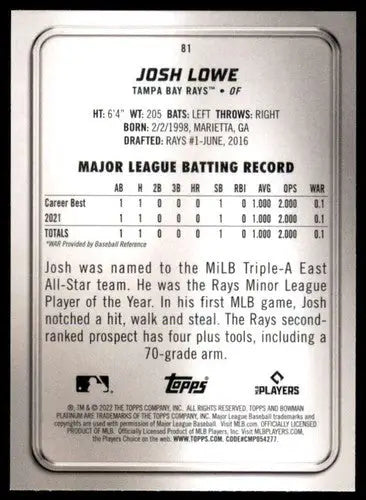 Back of a 2022 Bowman Platinum Josh Lowe rookie baseball trading card with original gloss