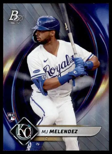 Baseball trading card of MJ Melendez from Bowman Platinum with original gloss Royals RC