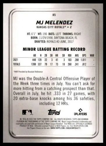 2022 Bowman Platinum MJ Melendez rookie baseball card with original gloss and player stats