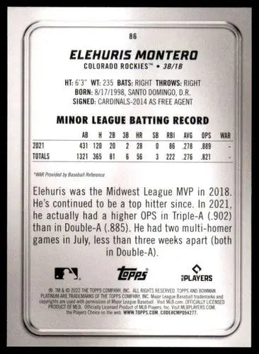 Baseball trading card for Elehuris Montero from Bowman Platinum 2022 series