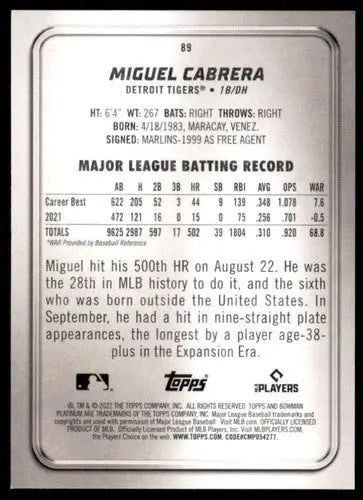 2022 Bowman Platinum #89 Miguel Cabrera NM-MT Tigers ID:67804 - Baseball Card Single