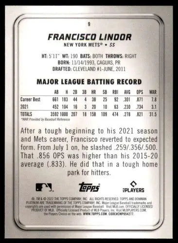 2022 Bowman Platinum #9 Francisco Lindor NM-MT Mets ID:51676 - Baseball Card Single