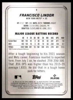 2022 Bowman Platinum #9 Francisco Lindor NM Near Mint Mets ID:66712 - Baseball Card Single