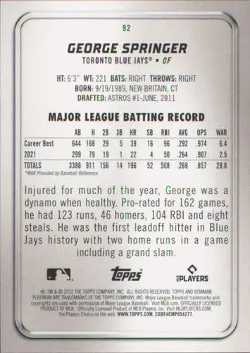 2022 Bowman Platinum #92 George Springer NM-MT Blue Jays ID:51680 - Baseball Card Single