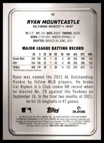 2022 Bowman Platinum #94 Ryan Mountcastle NM-MT Orioles ID:51756 - Baseball Card Single