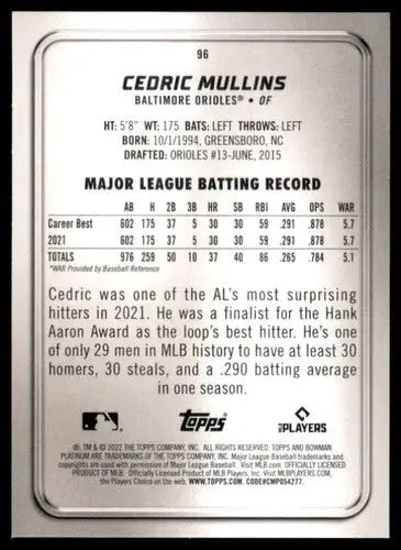 2022 Bowman Platinum #96 Cedric Mullins NM-MT Orioles ID:51678 - Baseball Card Single