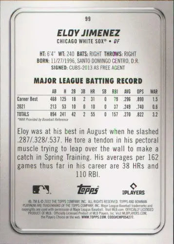 Original gloss Bowman Platinum Eloy Jimenez trading card with career stats White Sox