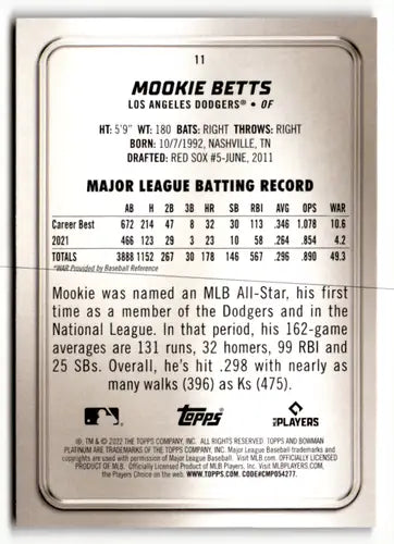 2022 Bowman Platinum Ice Foilboard #11 Mookie Betts NM-MT Dodgers ID:56268 - Baseball Card Single