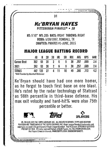 2022 Bowman Platinum Ice Foilboard #31 Ke’Bryan Hayes NM Near Mint Pira ID:66533 - Baseball Card Single