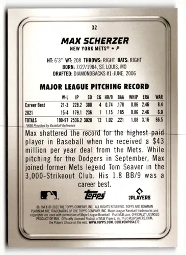 2022 Bowman Platinum Ice Foilboard #32 Max Scherzer NM Near Mint Mets ID:49855 - Baseball Card Single