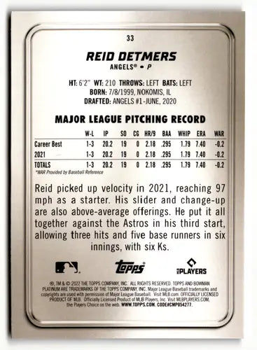 2022 Bowman Platinum Ice Foilboard #33 Reid Detmers NM-MT Angels ID:49835 - Baseball Card Single