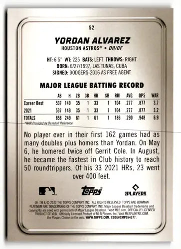 2022 Bowman Platinum Ice Foilboard #52 Yordan Alvarez NM-MT Astros ID:49853 - Baseball Card Single