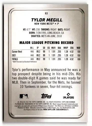 2022 Bowman Platinum Ice Foilboard #63 Tylor Megill NM-MT Mets ID:49845 - Baseball Card Single