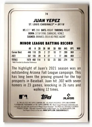2022 Bowman Platinum Ice Foilboard #74 Juan Yepez NM-MT Cardinals ID:49834 - Baseball Card Single