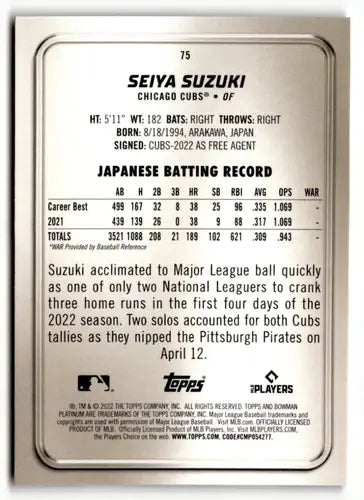 2022 Bowman Platinum Ice Foilboard #75 Seiya Suzuki NM-MT Cubs ID:49843 - Baseball Card Single