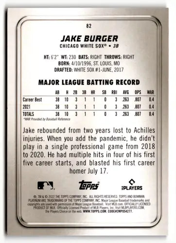 Jake Burger baseball card from 2022 Bowman Platinum Ice Foilboard series