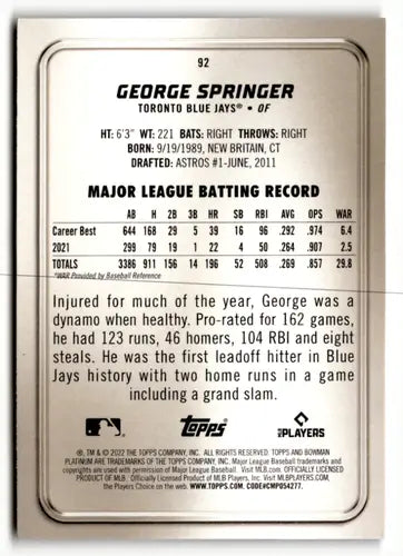 2022 Bowman Platinum Ice Foilboard #92 George Springer NM-MT Blue Jays ID:49854 - Baseball Card Single
