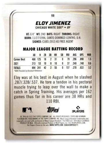 Baseball card back displaying original gloss on 2022 Bowman Platinum Ice Eloy Jimenez