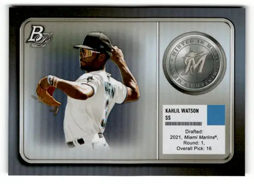 Baseball trading card of Kahlil Watson Bowman Platinum Minted Marlins ID 51668