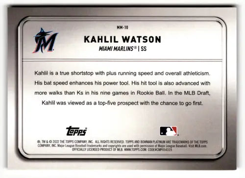 Back of a Kahlil Watson Miami Marlins Bowman Platinum Minted baseball card, NM-MT condition