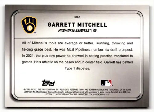 Baseball card back with original gloss from Bowman Platinum Minted Garrett Mitchell NM