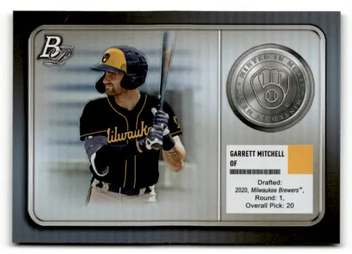 Original gloss of Garrett Mitchell baseball card from Bowman Platinum Minted series