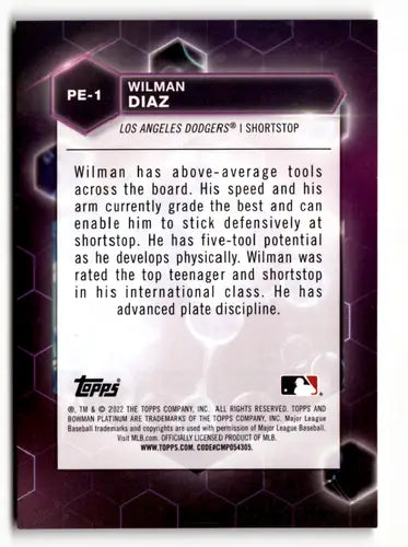 Wilman Diaz baseball card from Bowman Platinum Precious Elements 2022 set