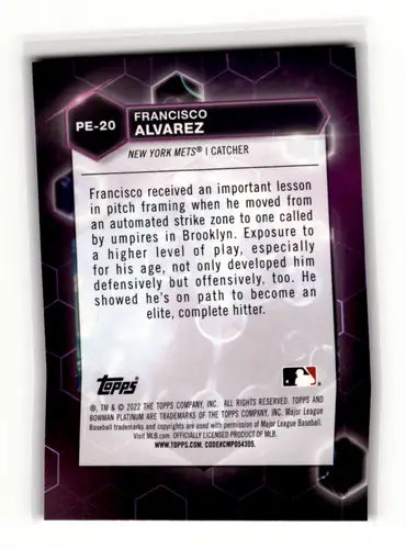 Baseball card back from Bowman Platinum featuring Francisco Alvarez with original gloss