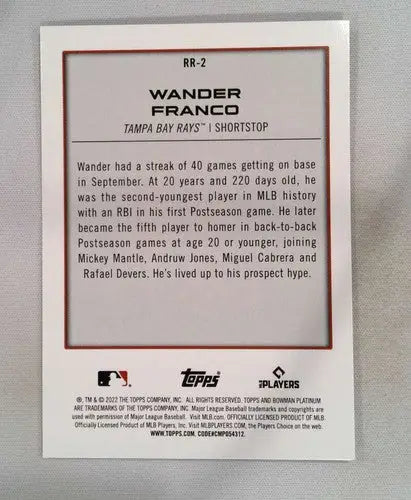 2022 Bowman Platinum Renowned Rookies #RR-2 Wander Franco NM-MT Rays ID:51645 - Baseball Card Single