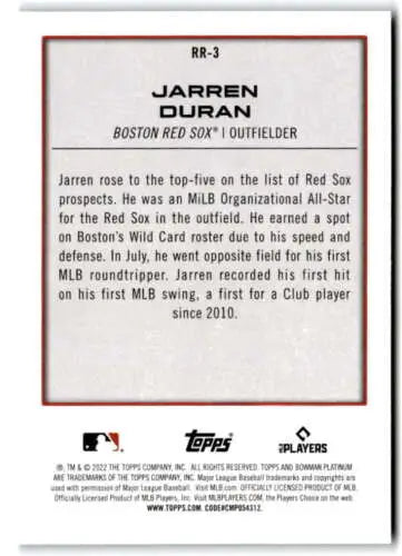 Baseball card back from 2022 Bowman Platinum Renowned Rookies Jarren Duran