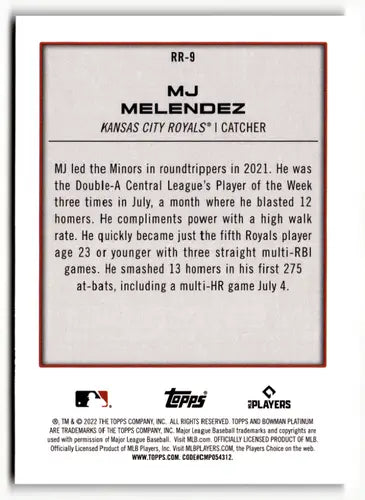 2022 Bowman Platinum Renowned Rookies #RR-9 MJ Melendez NM-MT Royals ID:51648 - Baseball Card Single