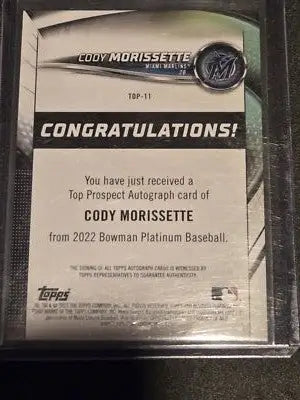2022 Bowman Platinum #TOP-11 Cody Morissette Top Prospect Autograph - Baseball Card Single