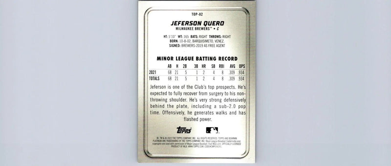 Baseball card back of 2022 Bowman Platinum Jeferson Quero Top Prospects trading cards