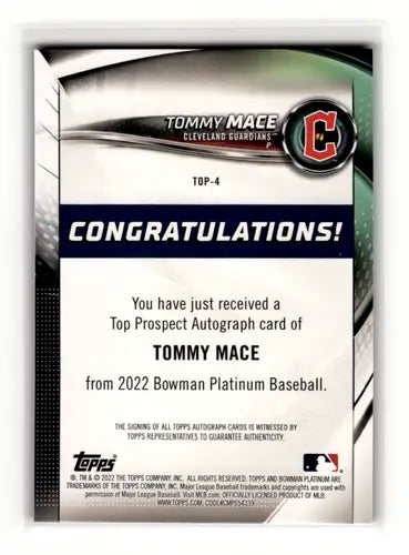 2022 Bowman Platinum Top Prospects Autograph #TOP-4 Tommy Mace NM-MT Au ID:56060 - Baseball Card Single