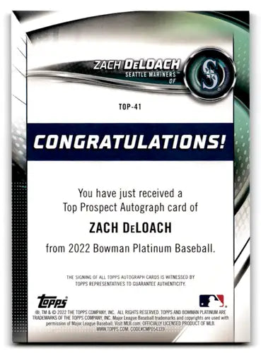 2022 Bowman Platinum Top Prospects Autograph #TOP-41 Zach DeLoach NM-MT ID:78709 - Baseball Card Single
