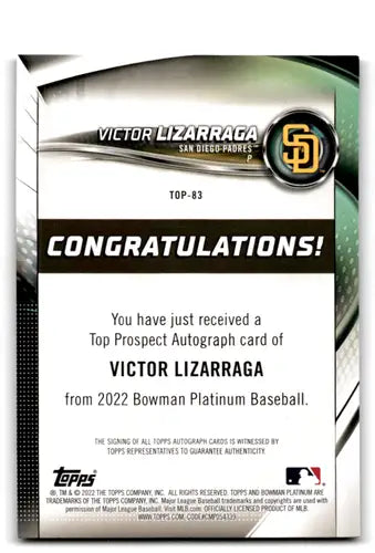 2022 Bowman Platinum Top Prospects Autograph #TOP-83 Victor Lizarraga N ID:66401 - Baseball Card Single