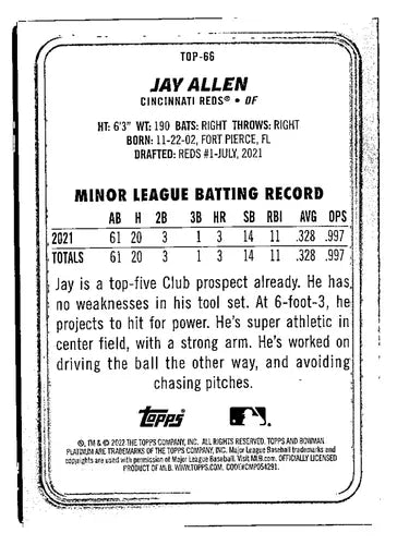 2022 Bowman Platinum Top Prospects Green #TOP-66 Jay Allen NM-MT 34/99 ID:49172 - Baseball Card Single