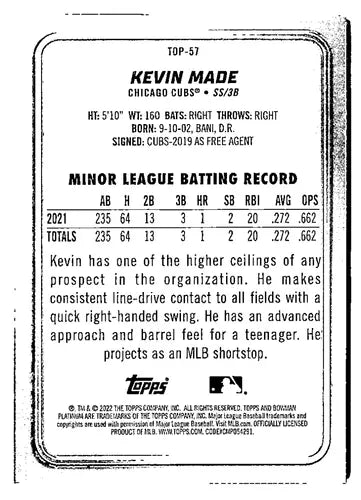 2022 Bowman Platinum Top Prospects Ice Foilboard Kevin Made NM baseball card back