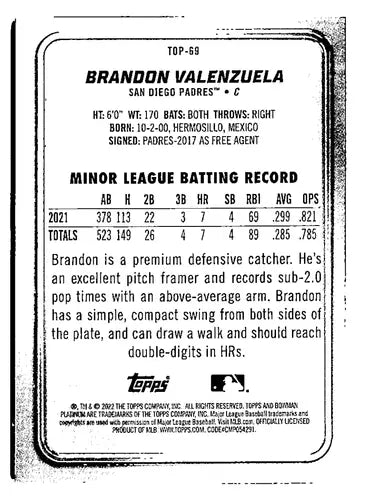 2022 Bowman Platinum Top Prospects Ice Foilboard #TOP-69 Brandon Valenz ID:66541 - Baseball Card Single