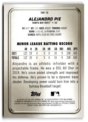 Baseball card back from Bowman Platinum Ice Foilboard featuring original gloss and top prospect