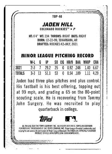 Jaden Hill Bowman Platinum Ice Foilboard baseball card with original gloss product image