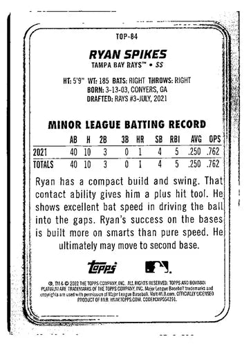 Ryan Spikes Bowman Platinum ice foilboard baseball card in top prospects collection