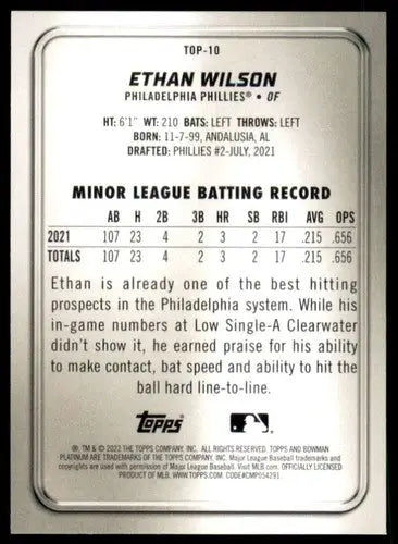 Ethan Wilson Bowman Platinum Top Prospects baseball card back with original gloss