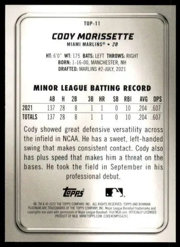 Original gloss Bowman Platinum Cody Morrissette baseball card 2022 Top Prospects NM