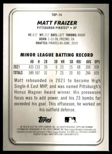 2022 Bowman Platinum Matt Fraizer baseball card with original gloss Pirates ID 56259