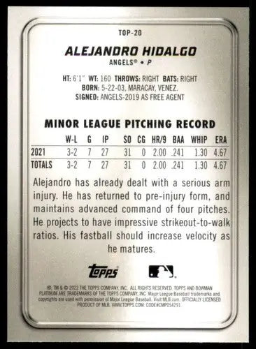 2022 Bowman Platinum Top Prospects #TOP-20 Alejandro Hidalgo NM Near Mi ID:66865 - Baseball Card Single