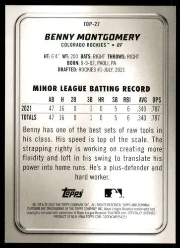 Original gloss Bowman Platinum Benny Montgomery baseball card from 2022 Top Prospects series